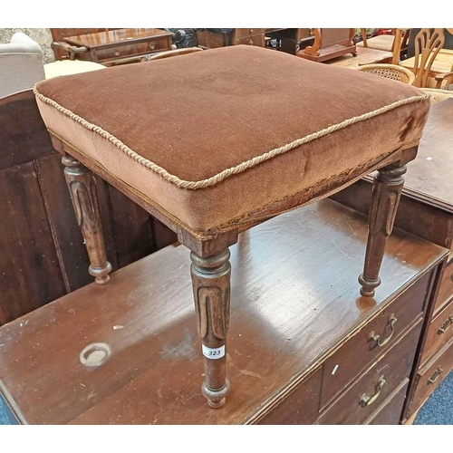 323 - 19TH CENTURY MAHOGANY STOOL WITH PADDED TOP, 43 CM TALL X 48 CM WIDE