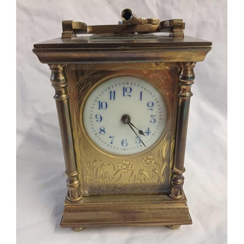 3253 - BRASS CARRIAGE CLOCK WITH WHITE ENAMEL FACE.  HEIGHT - 13 CM