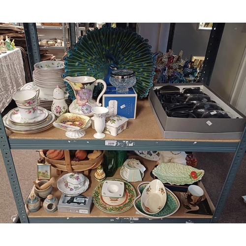 3255 - SELECTION OF VARIOUS ITEMS INCLUDING TEA SETS, PEACOCK PORCELAIN FIGURE, WINE GLASSES AND OTHERS OVE... 