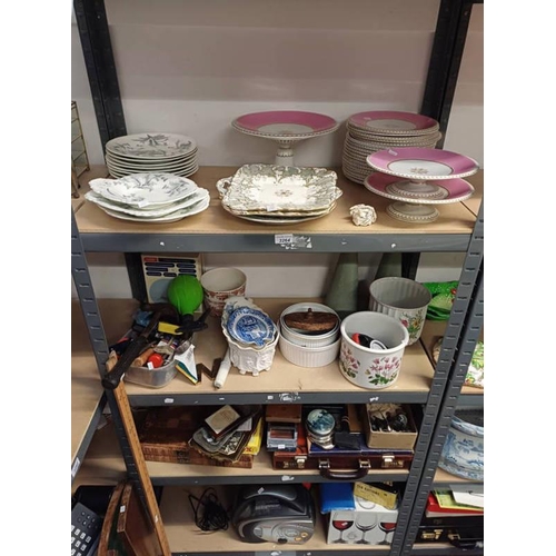 3264 - VARIOUS ITEMS INCLUDING VASES, PHOTO FRAMES, WINE GLASSES AND OTHERS OVER 4 SHELVES