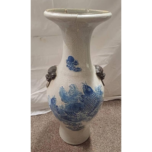 3291 - CHINESE CRACKLE WARE VASE DECORATED WITH CARP RISING FROM THE WATER, WITH TWIN FOO DOG HANDLES - 60.... 