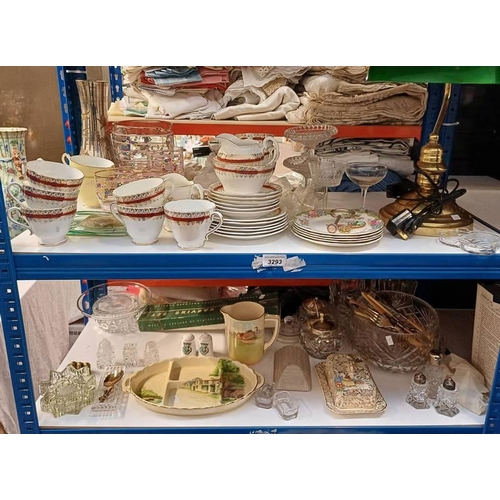 3293 - SELECTION OF VARIOUS ITEMS INCLUDING BANKERS LAMP, CRYSTAL DECANTERS, TEA SET & OTHERS OVER 2 SHELVE... 