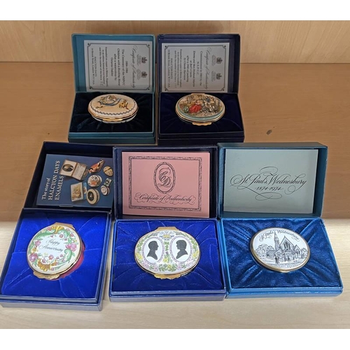 3296 - HALCYON DAYS ENAMEL BOXES COMMEMORATING VARIOUS EVENTS 5 IN FITTED BOXES