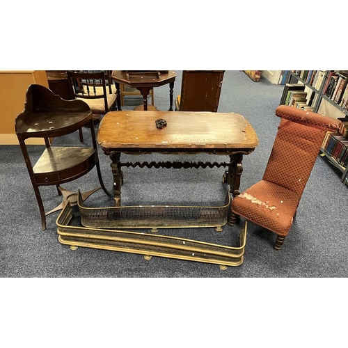 452 - PRIE DIEU CHAIR ON TURNED SUPPORTS, BURR WALNUT TABLE, 2 BRASS FENDERS, ETC