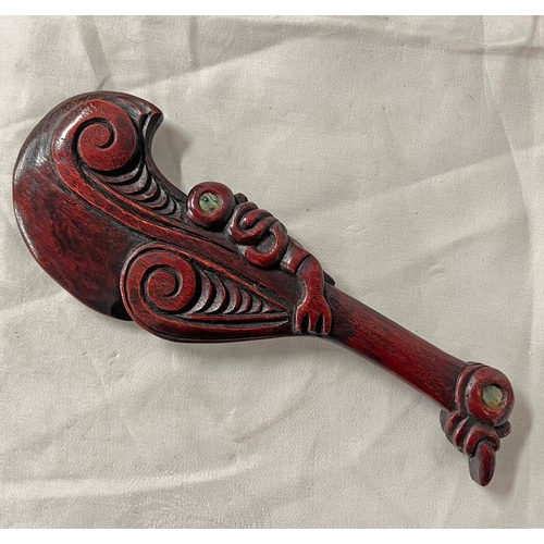 2237A - MAORI STYLE HAND CLUB (PATU) THE 25 CM LONG CARVED WOODEN BODY WITH MOTHER OF PEARL INSERTS