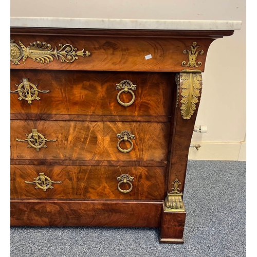 1 - 19TH CENTURY MARBLE TOPPED CONTINENTAL MAHOGANY COMMODE IN THE EMPIRE STYLE WITH 3 LONG DRAWERS & DE... 