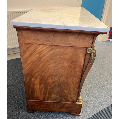 1 - 19TH CENTURY MARBLE TOPPED CONTINENTAL MAHOGANY COMMODE IN THE EMPIRE STYLE WITH 3 LONG DRAWERS & DE... 