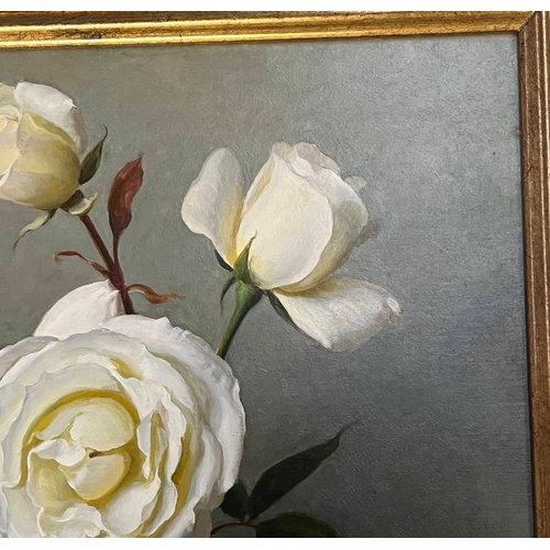 1225 - JOHN BULLOCH SOUTER - (ARR)  WHITE ROSES SIGNED GILT FRAMED OIL ON BOARD 45 X 34 CM