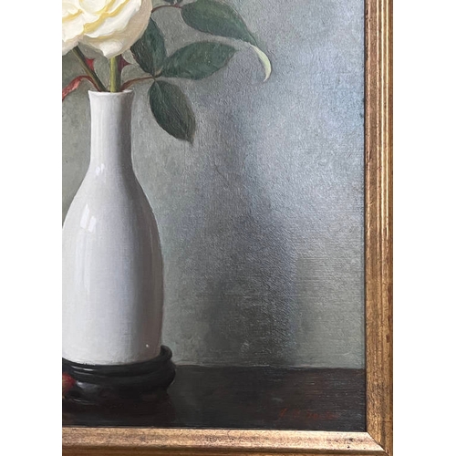 1225 - JOHN BULLOCH SOUTER - (ARR)  WHITE ROSES SIGNED GILT FRAMED OIL ON BOARD 45 X 34 CM