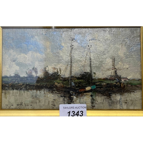 1343 - WILLIAM ALFRED GIBSON 'A DUTCH WATERWAY' SIGNED FRAMED OIL PAINTING 12 CM X 20 CM