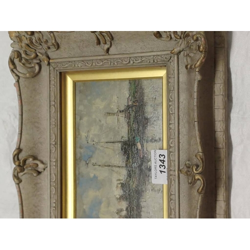 1343 - WILLIAM ALFRED GIBSON 'A DUTCH WATERWAY' SIGNED FRAMED OIL PAINTING 12 CM X 20 CM