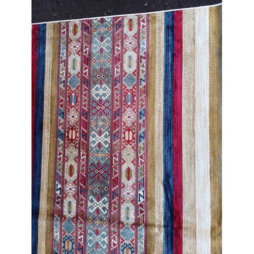 2139 - LARGE FULL PILE CASHMERE CARPET WITH MULTICOLOURED AZTEC DESIGN 383CM X 272CM