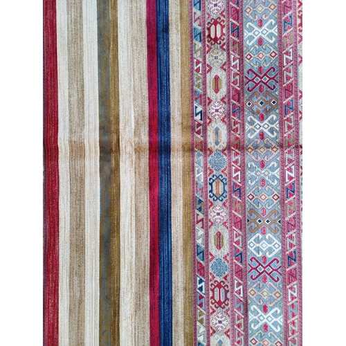 2139 - LARGE FULL PILE CASHMERE CARPET WITH MULTICOLOURED AZTEC DESIGN 383CM X 272CM