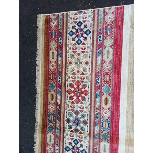 2139 - LARGE FULL PILE CASHMERE CARPET WITH MULTICOLOURED AZTEC DESIGN 383CM X 272CM