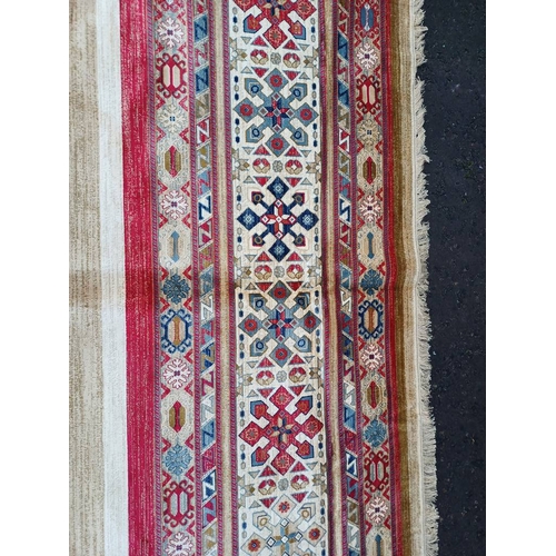 2139 - LARGE FULL PILE CASHMERE CARPET WITH MULTICOLOURED AZTEC DESIGN 383CM X 272CM