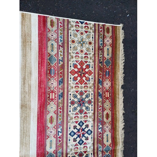 2139 - LARGE FULL PILE CASHMERE CARPET WITH MULTICOLOURED AZTEC DESIGN 383CM X 272CM