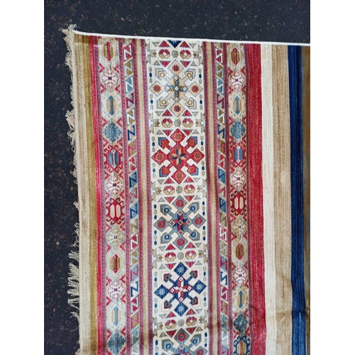 2139 - LARGE FULL PILE CASHMERE CARPET WITH MULTICOLOURED AZTEC DESIGN 383CM X 272CM