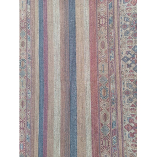 2139 - LARGE FULL PILE CASHMERE CARPET WITH MULTICOLOURED AZTEC DESIGN 383CM X 272CM