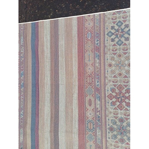 2139 - LARGE FULL PILE CASHMERE CARPET WITH MULTICOLOURED AZTEC DESIGN 383CM X 272CM