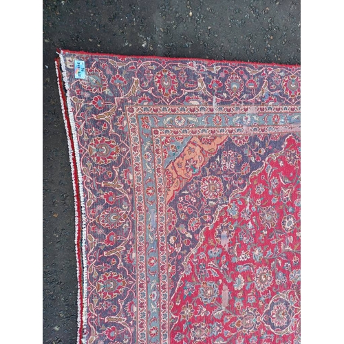 2145 - RED GROUND HAND WOVEN PERSIAN MASHED CARPET WITH FLORAL MEDALLION DESIGN 349CM X 262CM