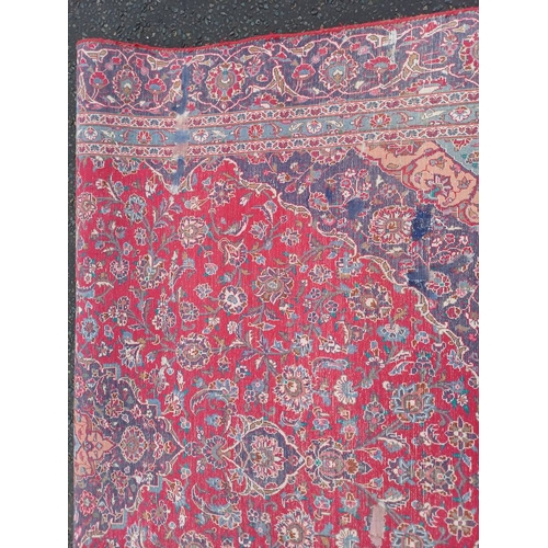 2145 - RED GROUND HAND WOVEN PERSIAN MASHED CARPET WITH FLORAL MEDALLION DESIGN 349CM X 262CM