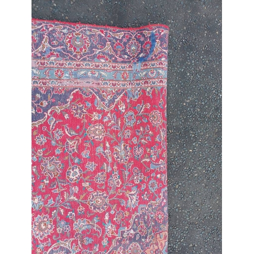 2145 - RED GROUND HAND WOVEN PERSIAN MASHED CARPET WITH FLORAL MEDALLION DESIGN 349CM X 262CM