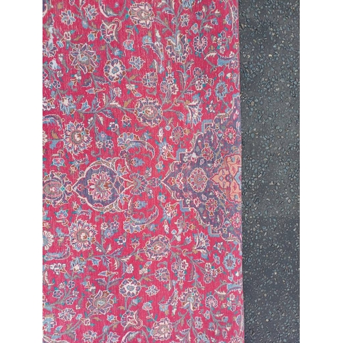 2145 - RED GROUND HAND WOVEN PERSIAN MASHED CARPET WITH FLORAL MEDALLION DESIGN 349CM X 262CM