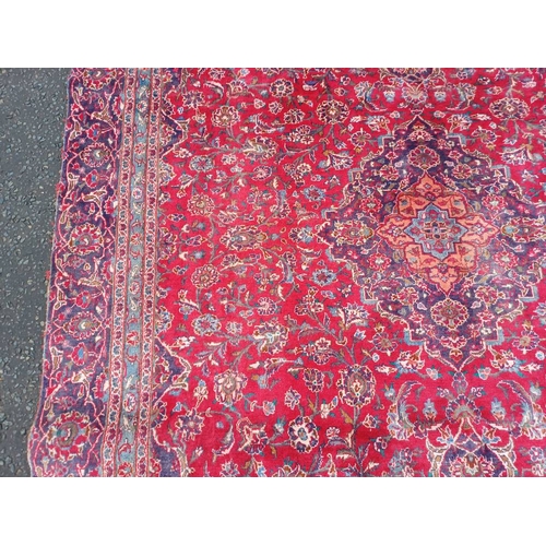 2145 - RED GROUND HAND WOVEN PERSIAN MASHED CARPET WITH FLORAL MEDALLION DESIGN 349CM X 262CM