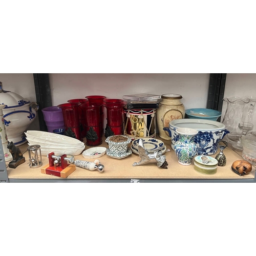 3046 - LARGE SELECTION CUT GLASS PORCELAIN, WOODEN WARE INCLUDING MAHOGANY WINE COASTERS, PORCELAIN TEAWARE... 