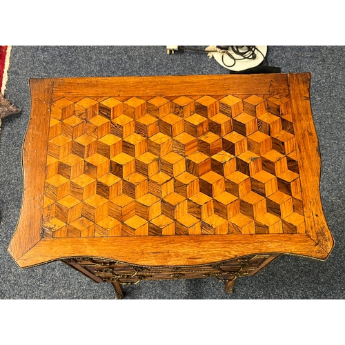 73 - 19TH CENTURY WALNUT CONTINENTAL SMALL CHEST WITH PARQUETRY STYLE INLAY, SHAPED TOP & 3 DRAWERS ON SH... 