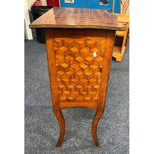 73 - 19TH CENTURY WALNUT CONTINENTAL SMALL CHEST WITH PARQUETRY STYLE INLAY, SHAPED TOP & 3 DRAWERS ON SH... 