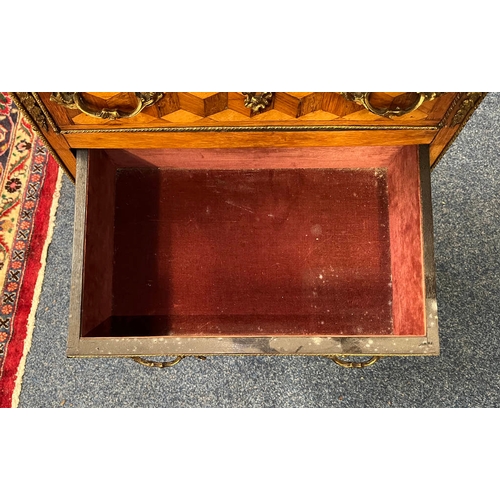 73 - 19TH CENTURY WALNUT CONTINENTAL SMALL CHEST WITH PARQUETRY STYLE INLAY, SHAPED TOP & 3 DRAWERS ON SH... 