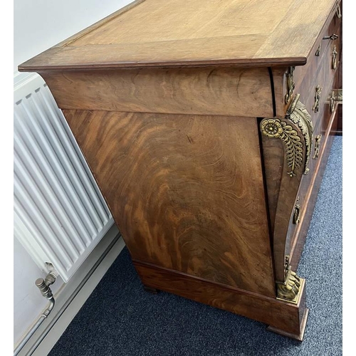 1 - 19TH CENTURY MARBLE TOPPED CONTINENTAL MAHOGANY COMMODE IN THE EMPIRE STYLE WITH 3 LONG DRAWERS & DE... 