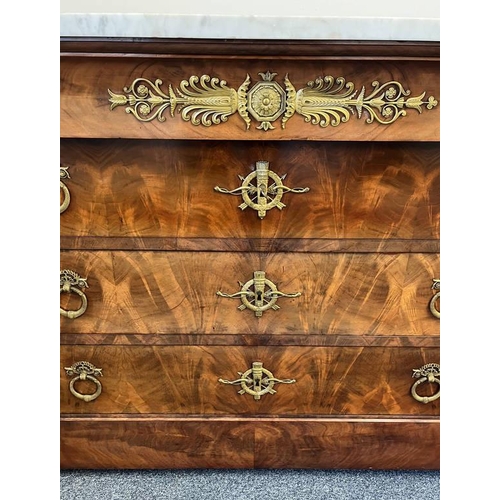 1 - 19TH CENTURY MARBLE TOPPED CONTINENTAL MAHOGANY COMMODE IN THE EMPIRE STYLE WITH 3 LONG DRAWERS & DE... 