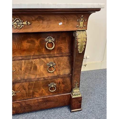 1 - 19TH CENTURY MARBLE TOPPED CONTINENTAL MAHOGANY COMMODE IN THE EMPIRE STYLE WITH 3 LONG DRAWERS & DE... 