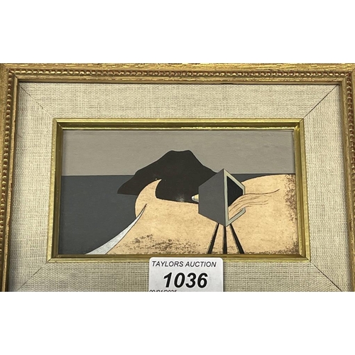 1036 - ANDREW LANYON - (ARR) THE FROZEN WAVE LABEL TO REVERSE GILT FRAMED OIL PAINTING 7 X 12 CM