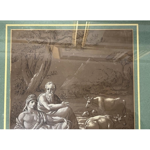 1243 - FRAMED WATERCOLOUR OF A CLASSICAL SCENE OF SHEPHERD, COWS, CHERUBS POSSIBLY PURCHASED FROM ABBOTT & ... 