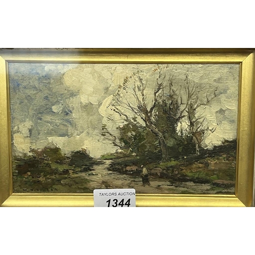 1344 - WILLIAM ALFRED GIBSON 'COUNTRY ROADWAY' SIGNED FRAMED OIL PAINTING 12 CM X 20 CM