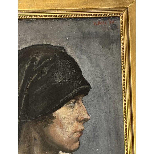 1357 - V BELL   'PORTRAIT OF LADY IN BLACK HEAD SCARF' BEARS SIGNATURE & DATED '39 GILT FRAMED OIL PAINTING... 