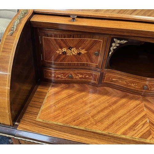 151 - 19TH CENTURY STYLE KINGWOOD CYLINDER BUREAU WITH ROLL-TOP FITTED INTERIOR OVER 2 DRAWERS ON SHAPED S... 