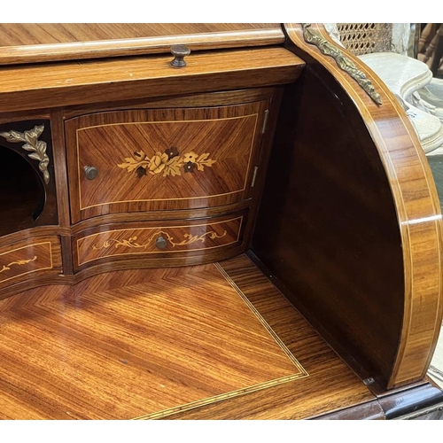 151 - 19TH CENTURY STYLE KINGWOOD CYLINDER BUREAU WITH ROLL-TOP FITTED INTERIOR OVER 2 DRAWERS ON SHAPED S... 