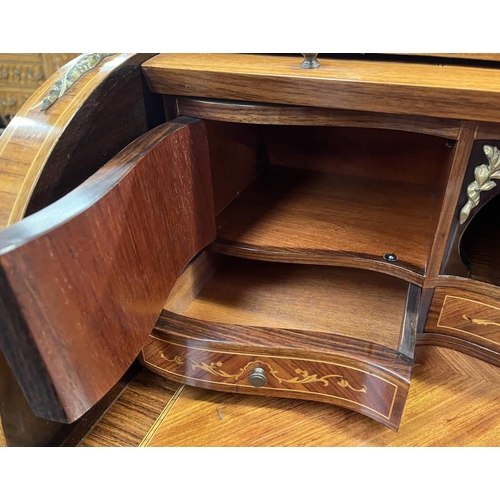 151 - 19TH CENTURY STYLE KINGWOOD CYLINDER BUREAU WITH ROLL-TOP FITTED INTERIOR OVER 2 DRAWERS ON SHAPED S... 