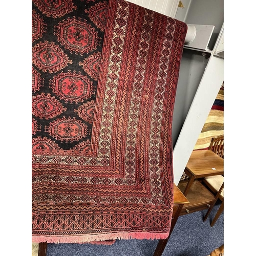 2091 - RED AND BLACK GROUND TURKMAN CARPET WITH ALL OVER DIAMOND BAKHAR DESIGN 390 X 253CM