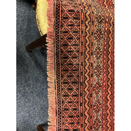 2091 - RED AND BLACK GROUND TURKMAN CARPET WITH ALL OVER DIAMOND BAKHAR DESIGN 390 X 253CM