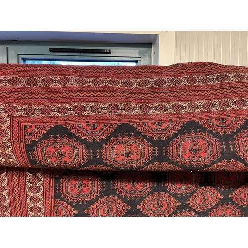 2091 - RED AND BLACK GROUND TURKMAN CARPET WITH ALL OVER DIAMOND BAKHAR DESIGN 390 X 253CM