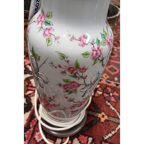 2098 - PAIR OF FLORAL DECORATED PORCELAIN TABLE LAMPS, 3 PICTURE WALL LIGHTS, ETC