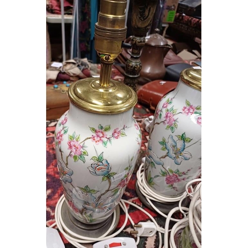 2098 - PAIR OF FLORAL DECORATED PORCELAIN TABLE LAMPS, 3 PICTURE WALL LIGHTS, ETC