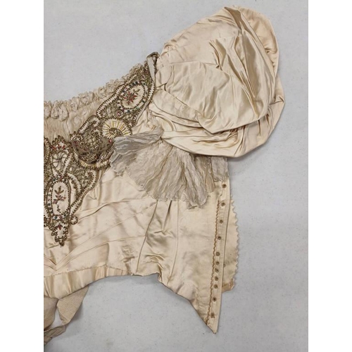 2103 - LATE 19TH CENTURY WOMEN'S IVORY WEDDING DRESS BY SYKES, LONDON WITH BULLION THREAD & BEADED PANEL TO... 