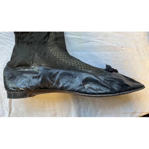 2105 - PAIR OF 19TH CENTURY LEATHER & FABRIC BOOTS WITH ORNATE PIERCED DECORATION TO BODY 28.5CM LONG SOLE