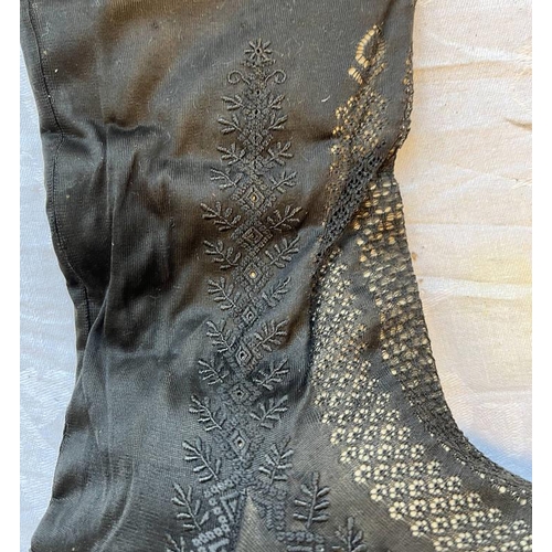 2105 - PAIR OF 19TH CENTURY LEATHER & FABRIC BOOTS WITH ORNATE PIERCED DECORATION TO BODY 28.5CM LONG SOLE